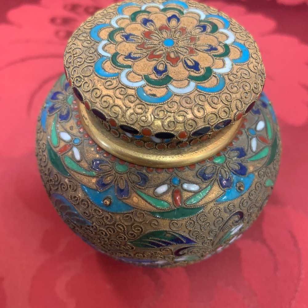 Antique 1800's handmade Japanese champleve enameled bronze lidded urn 3.75"